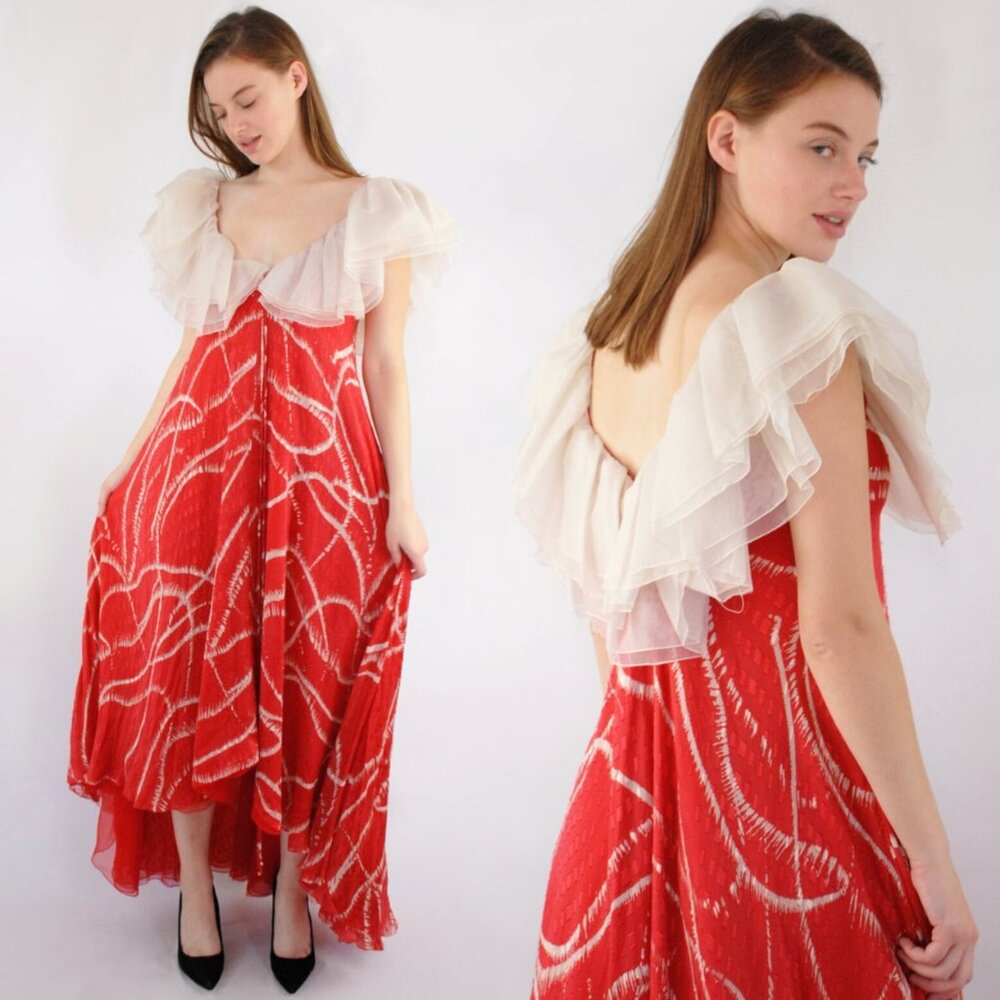 Gorgeous red and white silk floaty maxi dress with white ruffle 1970s VINTAGE